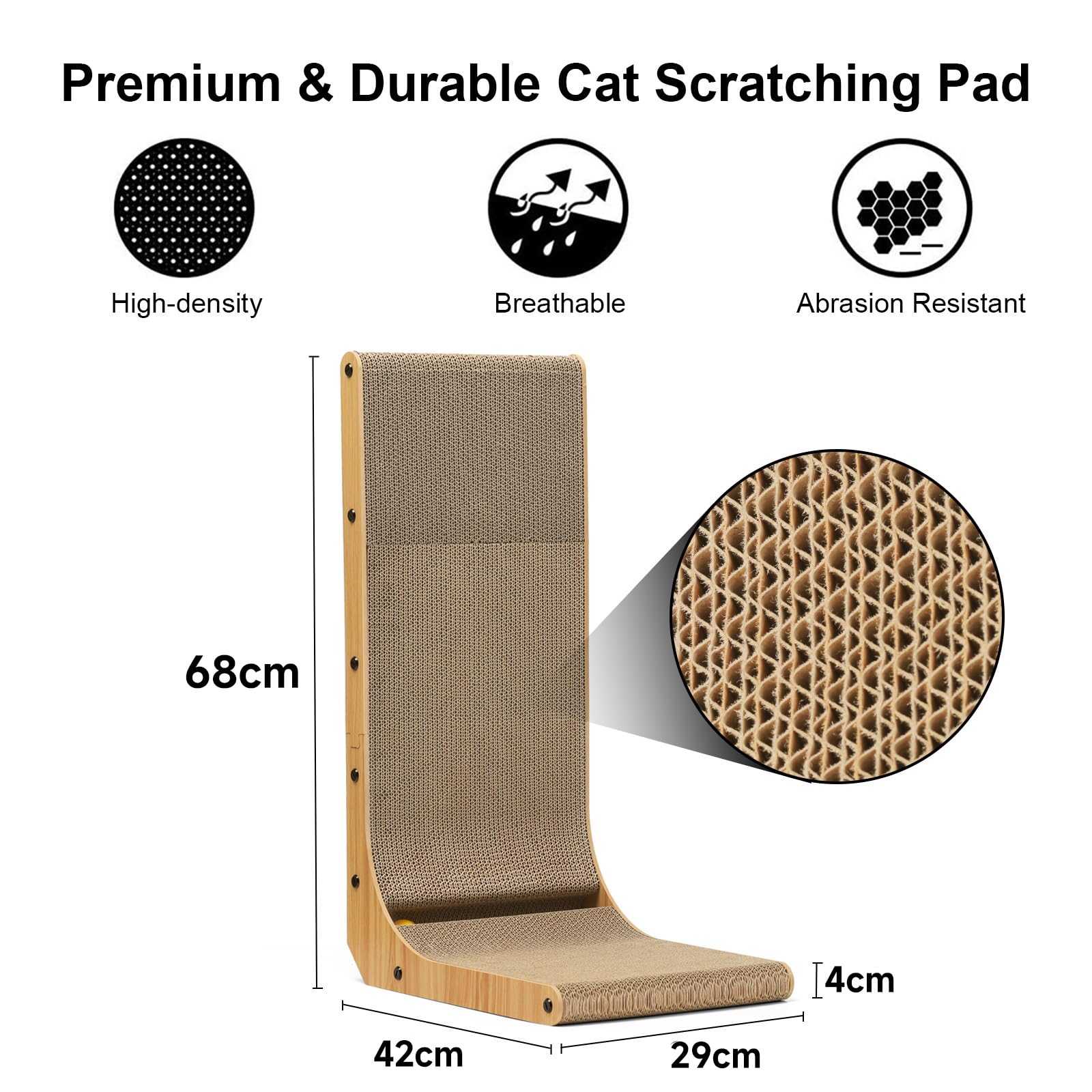FUKUMARU L-Shape Wall Mounted Cat Scratcher, 68cm cardboard pad with ball toy.