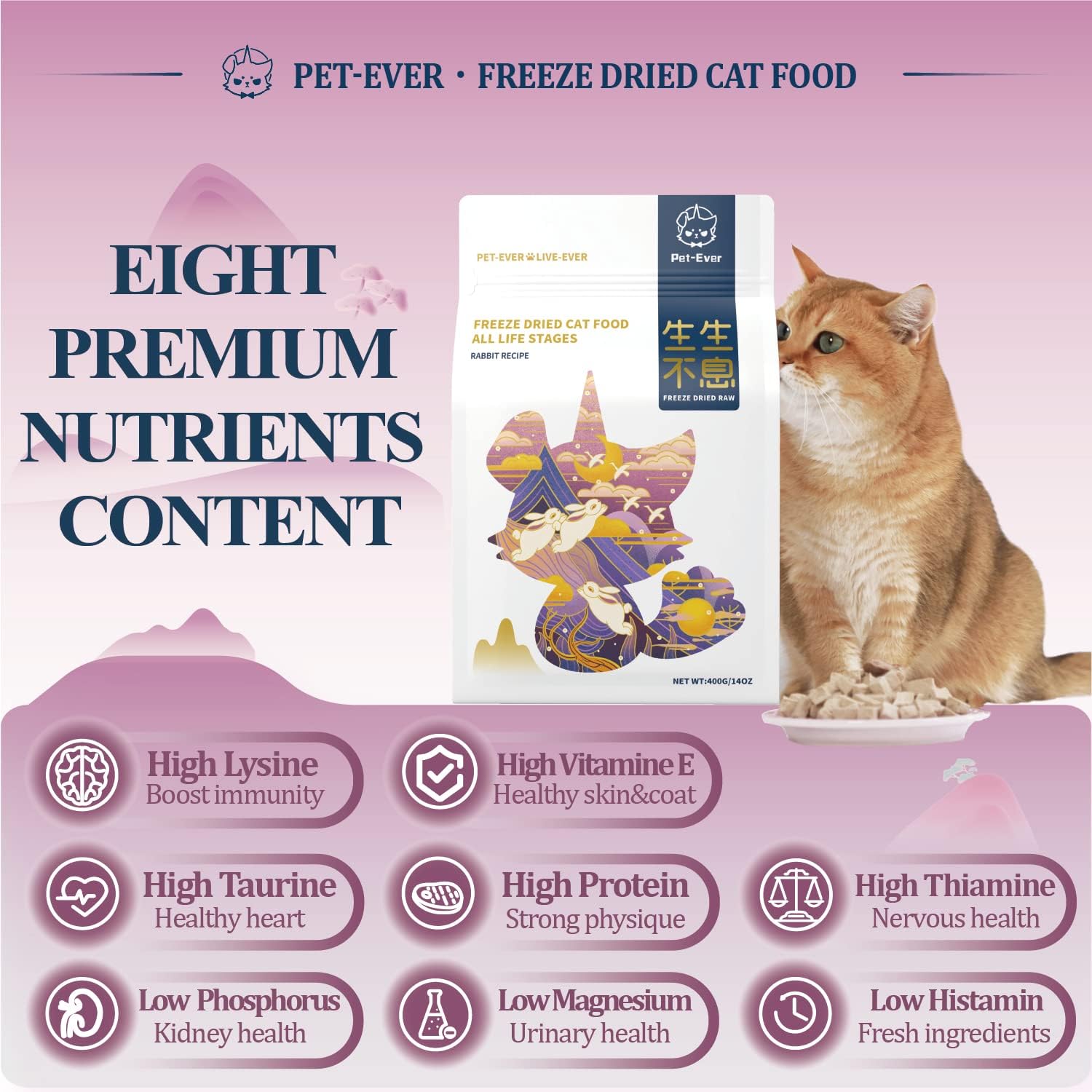 Freeze-dried rabbit cat food, 400g. High protein, grain-free, complete carnivore meal.