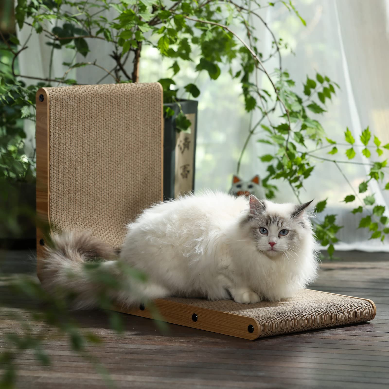 Wall-mounted, L-shape brown sisal cat scratcher lounge protects furniture, includes chew toy.