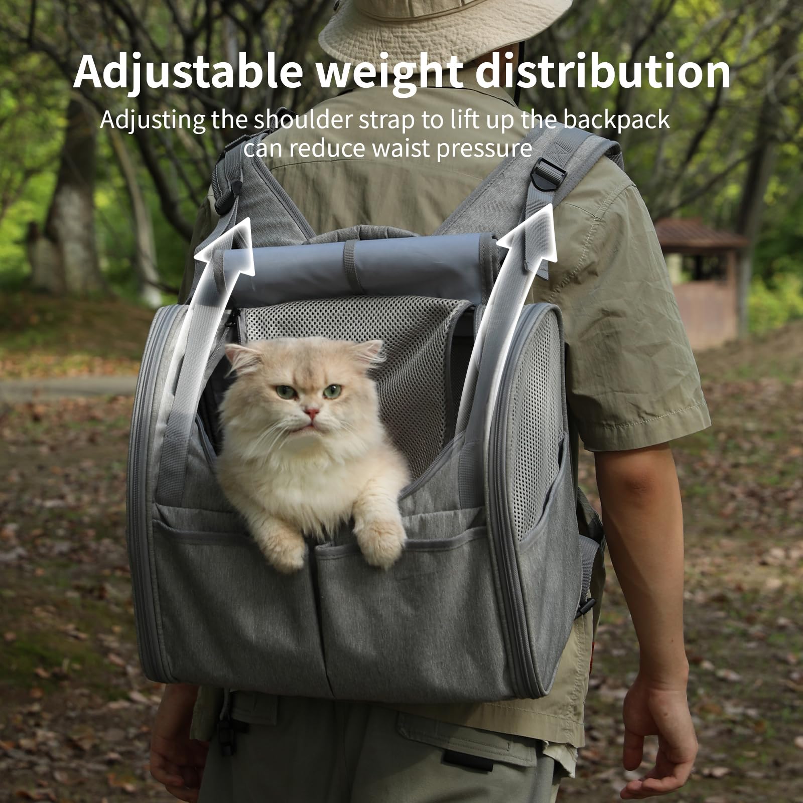 Grey expandable FUKUMARU cat backpack carrier for hiking and travel, fits pets under 18 lbs.