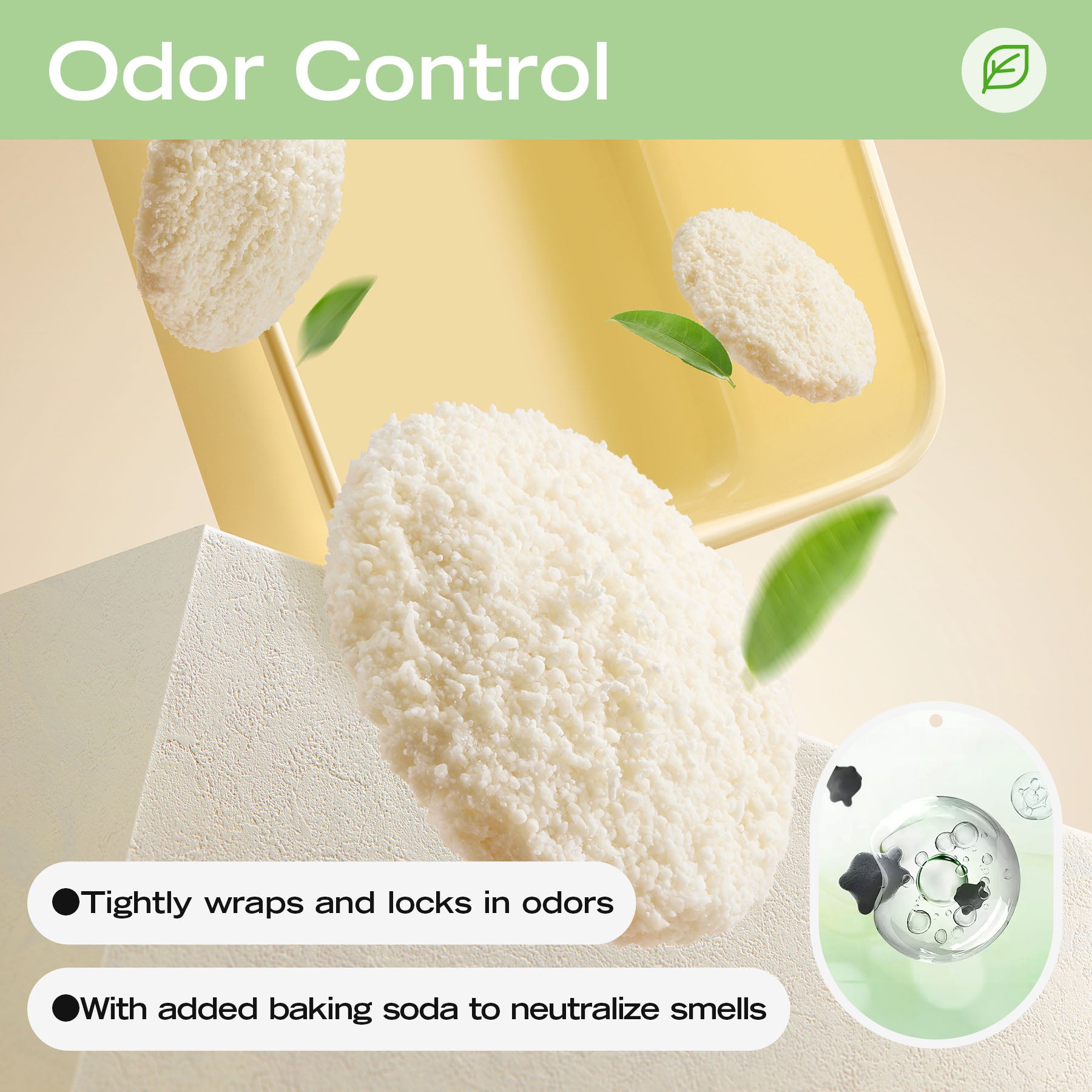 Textured white baking soda odor control pads for superior odor trapping and absorption.