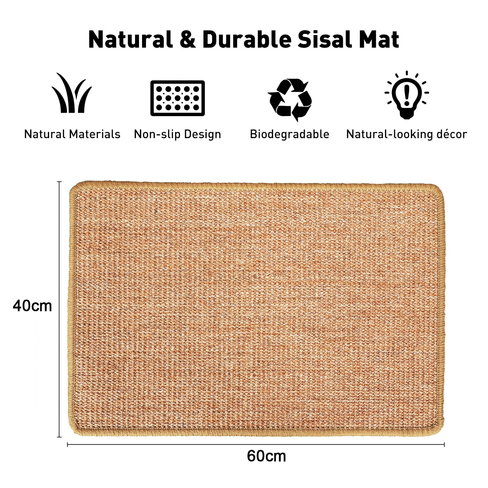 Natural sisal cat scratching mat, 60x40cm, protects furniture, functions as pad or play area.