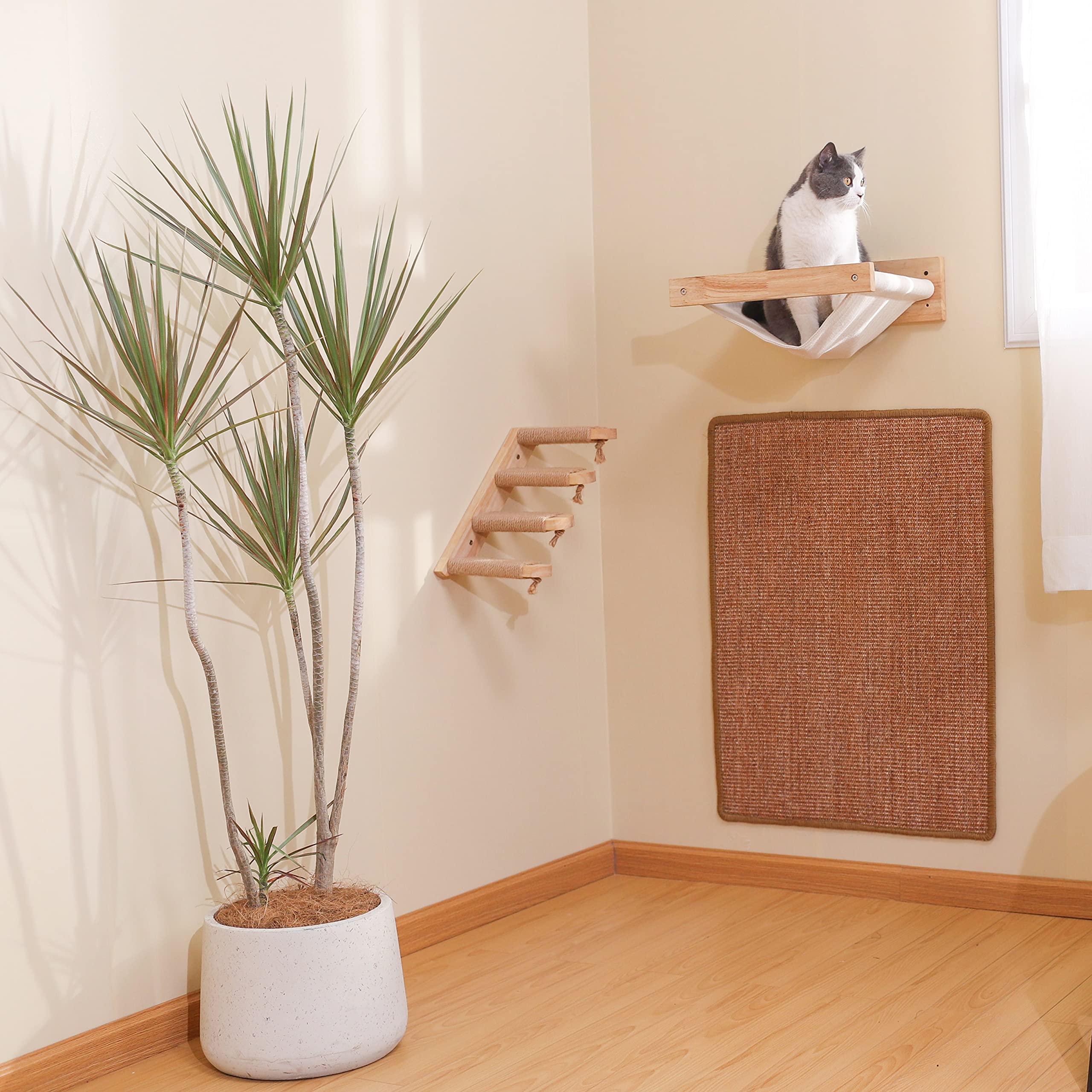 Wall-mounted cat furniture with sisal scratching pad, wooden steps, and hammock for indoor climbing.
