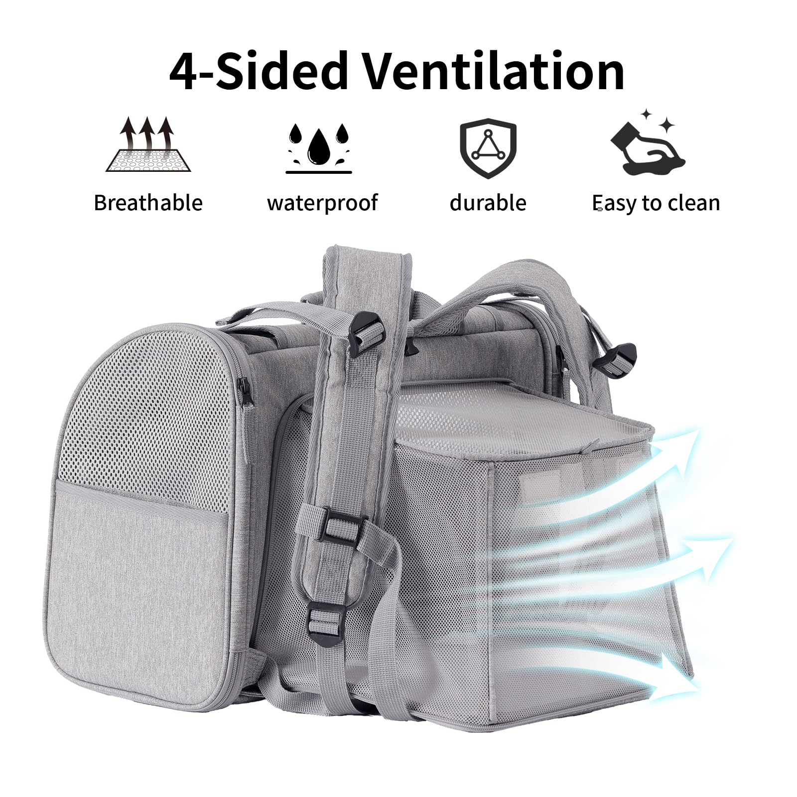 Grey FUKUMARU expandable cat/small dog travel backpack carrier. Ventilated, soft-sided.