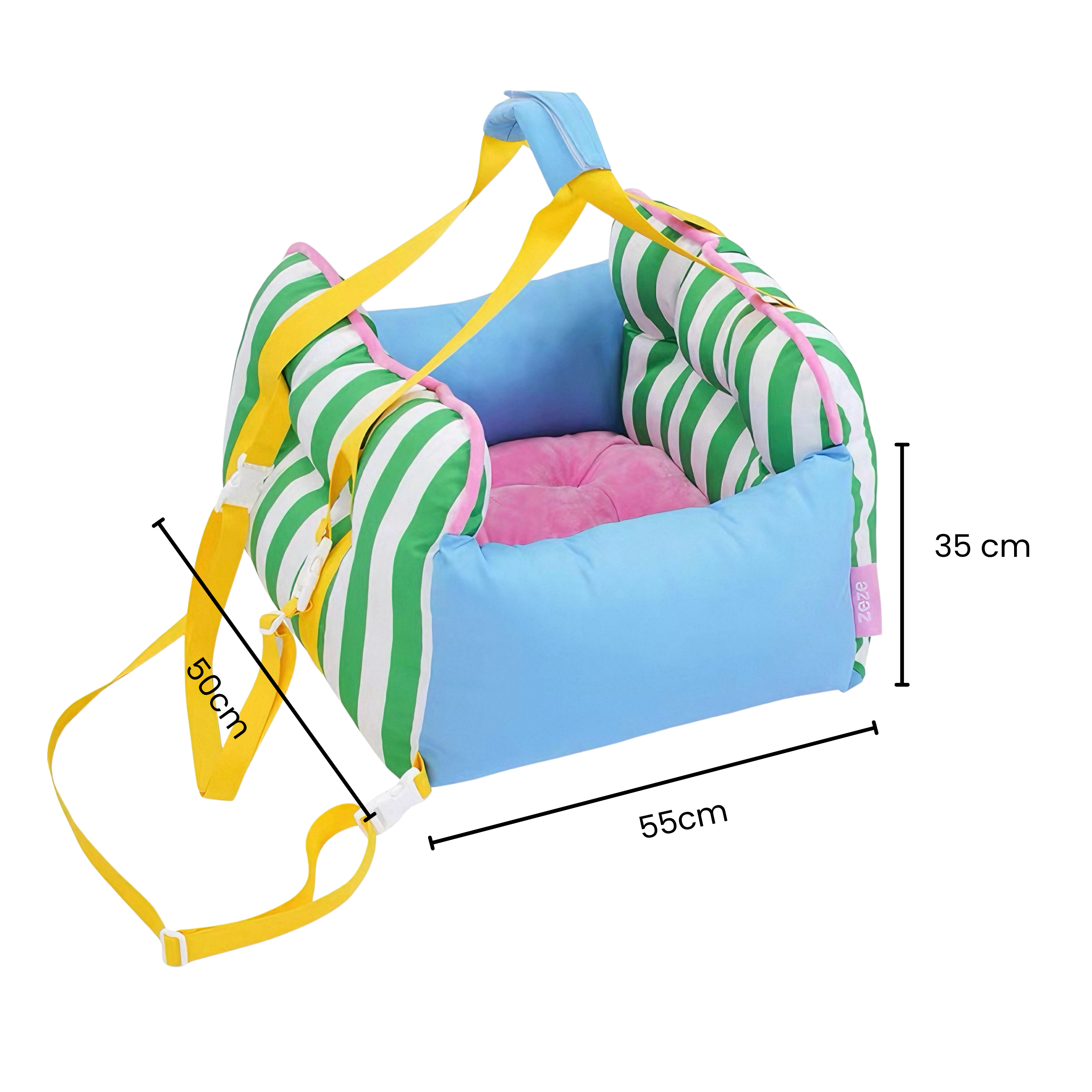 Zeze 3-in-1 blue/pink striped pet booster seat for secure travel comfort.