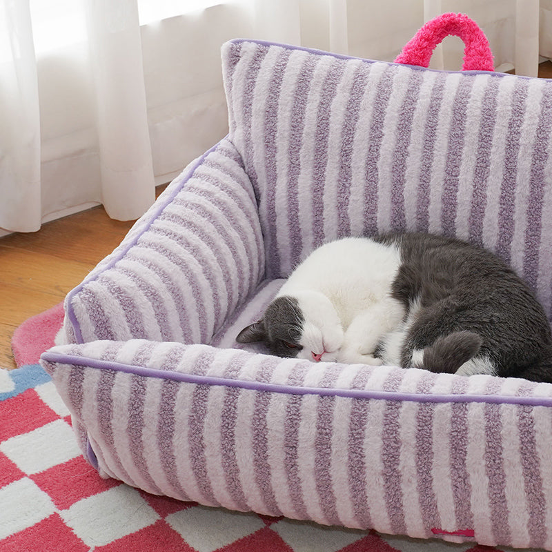 zeze Striped Plush Pet Sofa Bed — Bolstered Arms, Carry Handle & Zip Cover