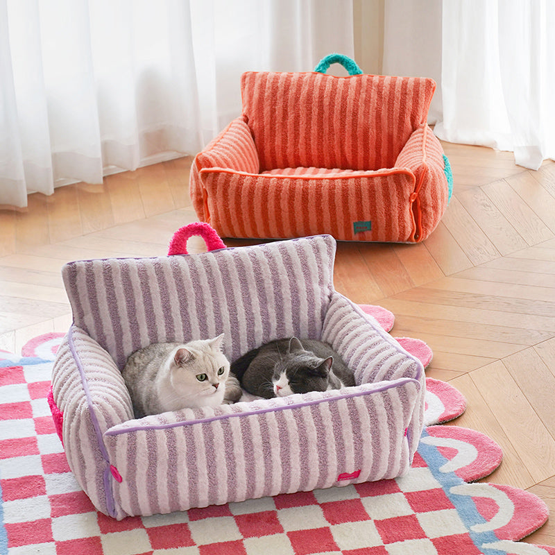 zeze Striped Plush Pet Sofa Bed — Bolstered Arms, Carry Handle & Zip Cover