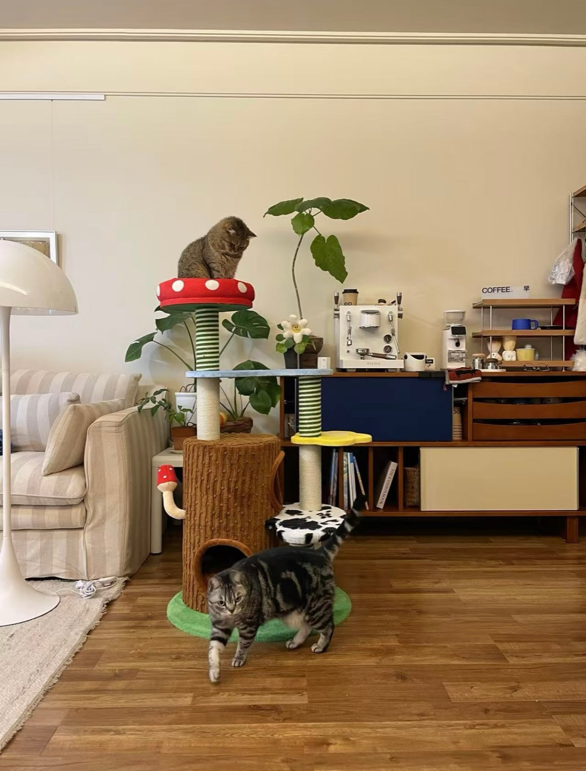 Farm-themed multi-level cat tree with mushroom bed, scratchers, and double hideaways.