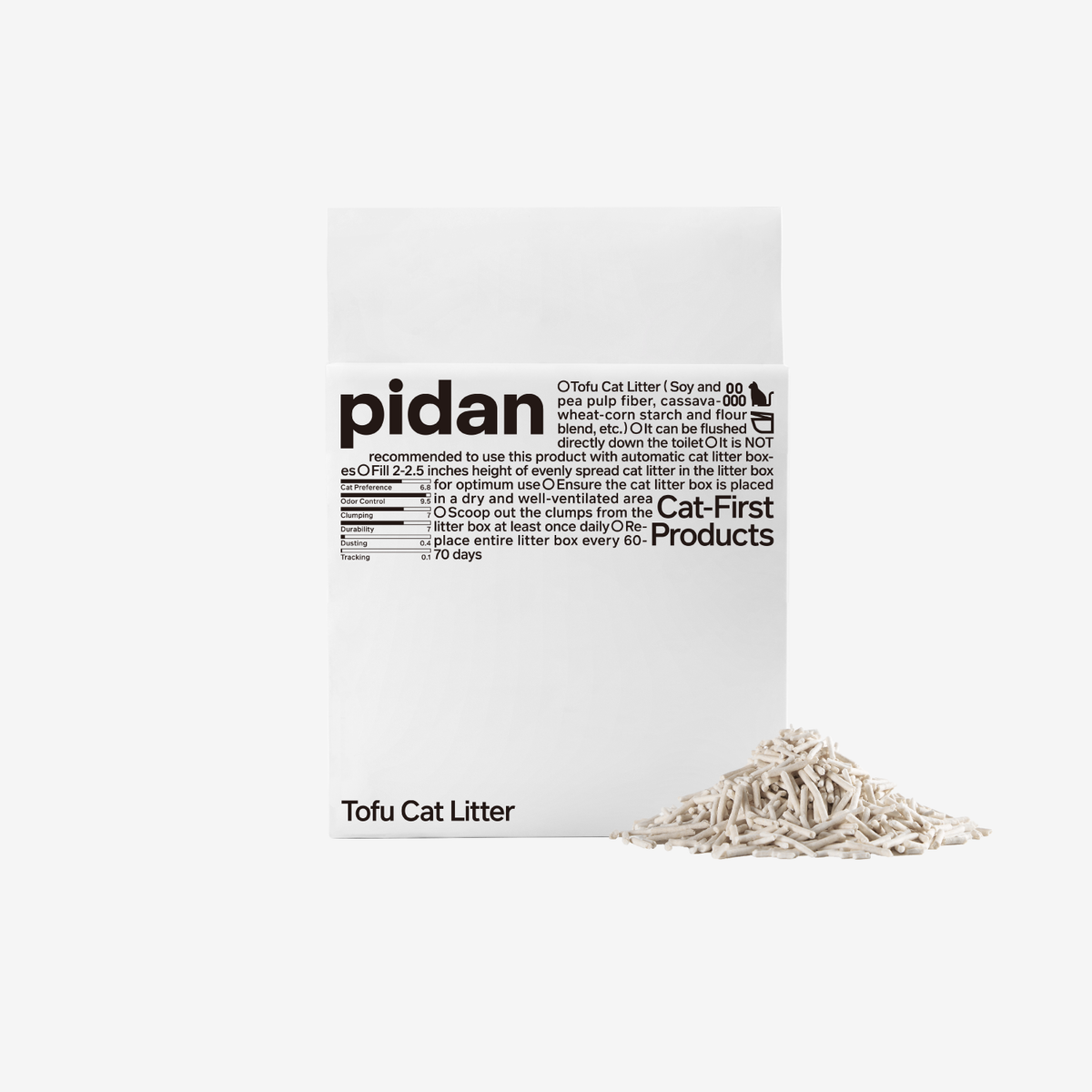 pidan Signature Tofu Cat Litter 2.4 kg bag (current pack design) with a pile of tofu pellets