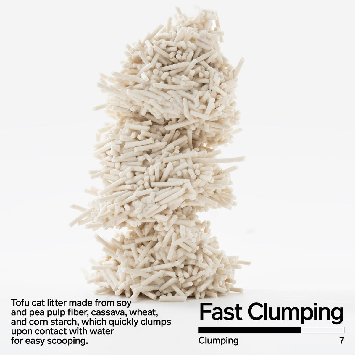 Column of clumped pidan tofu cat litter showing fast clumping