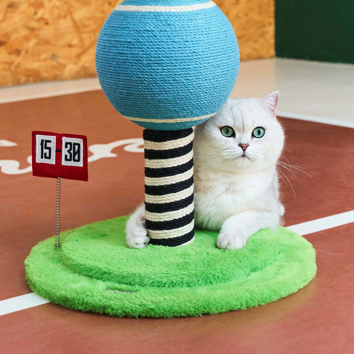 zeze ACE tennis cat scratching post with three rope tennis balls, racket toy and green base