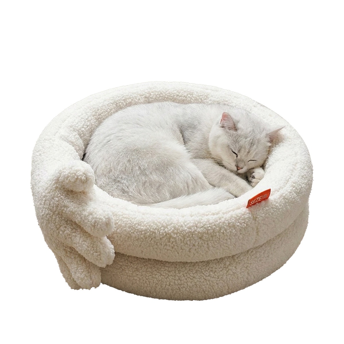 zeze Thank You Pet Bed with a cat curled inside, on white