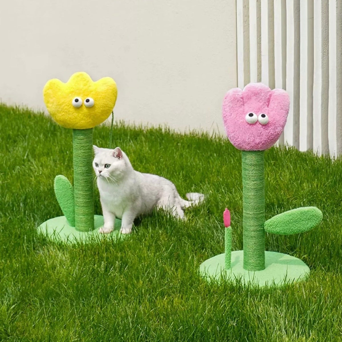 zeze Tulip Cat Scratching Post, both tulips with a cat on grass