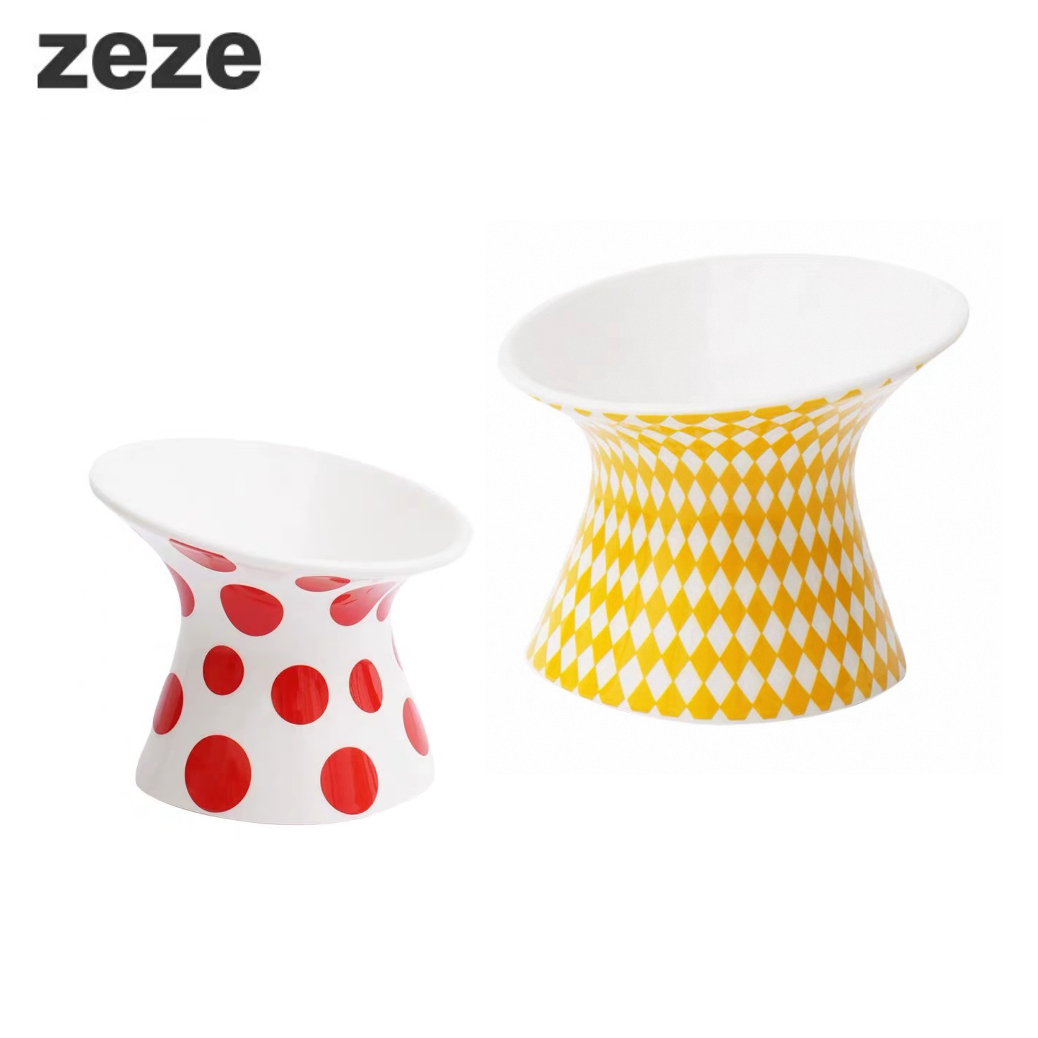 Red polka dot yellow diamond tilted ceramic Zeze Popart pet bowl for healthy posture.