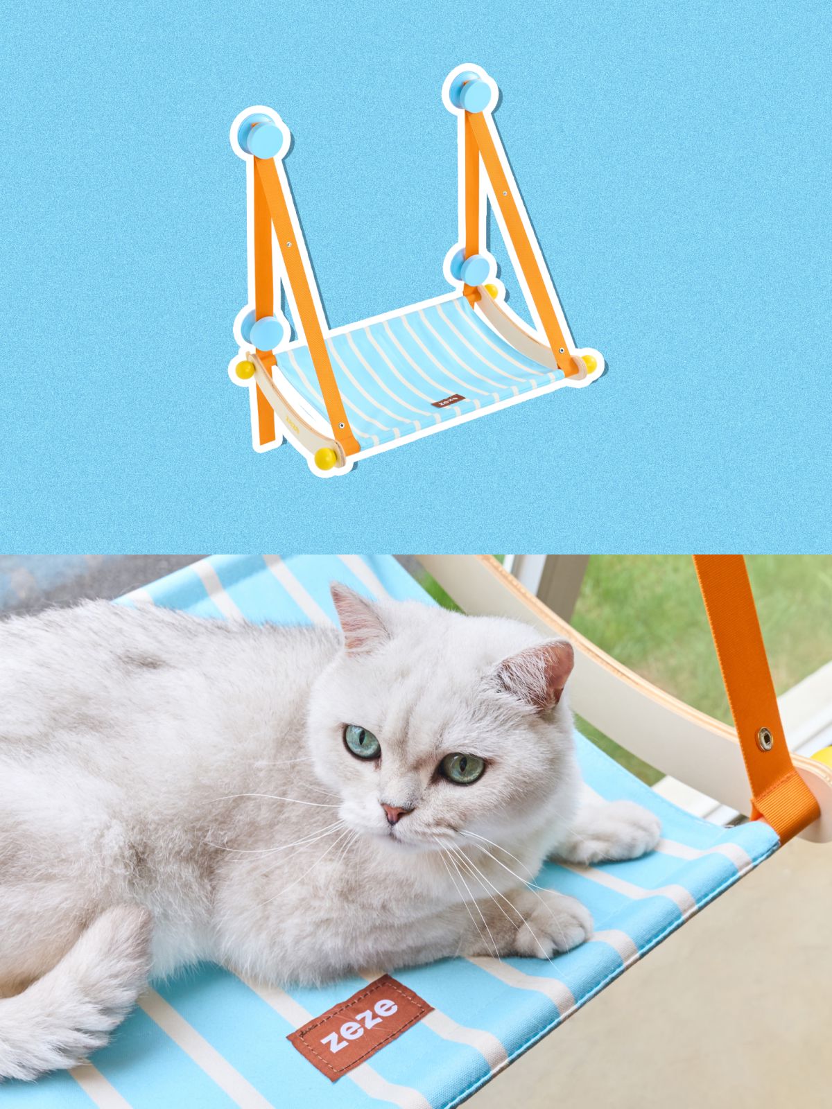 zeze Striped Hanging Cat Hammock: blue striped canvas window perch with orange straps and suction cups