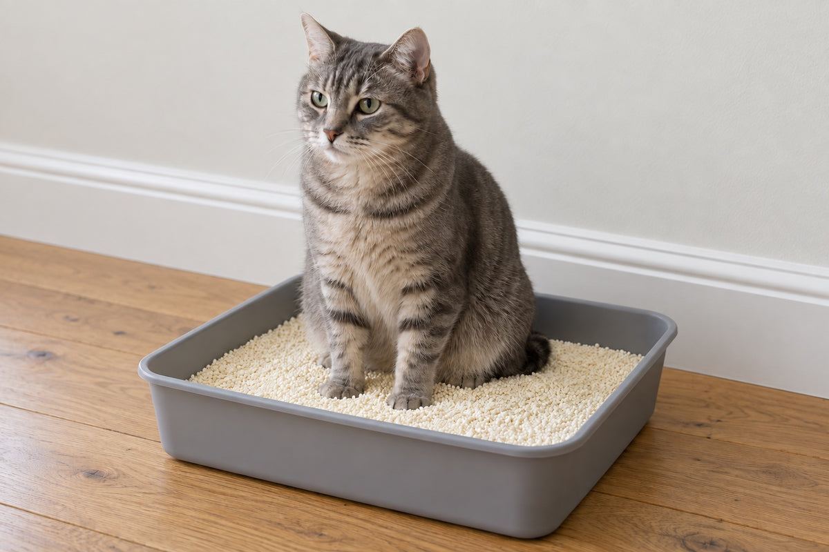 A cat sitting in an open litter tray of fine plant granules in a bright room.