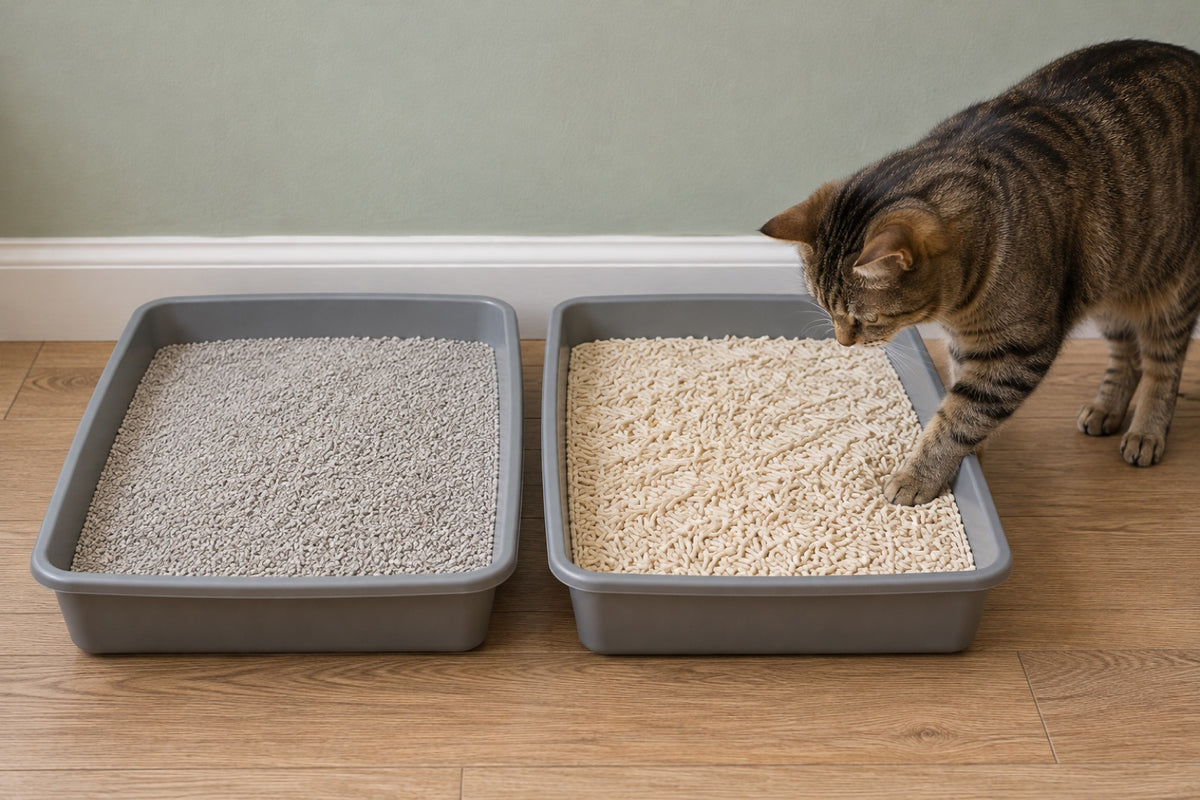 A tabby cat stepping into a tray of cream tofu litter pellets beside a tray of grey clay litter.