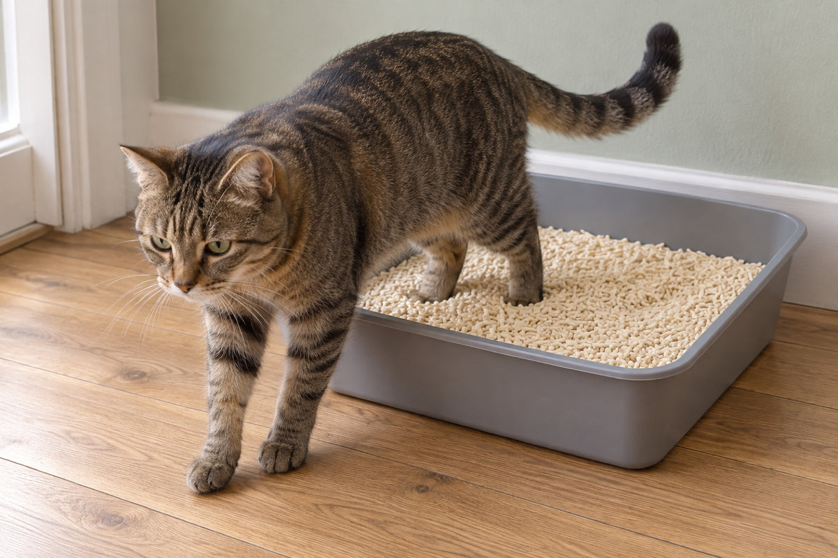 A cat stepping out of an open litter tray filled with small pale plant-fibre pellets.
