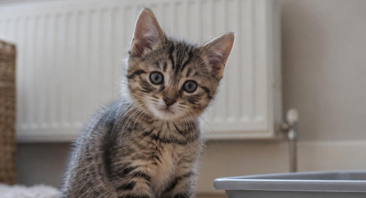 A young tabby kitten sitting on a wooden floor beside a plain low-sided grey litter tray in a small flat, radiator behind