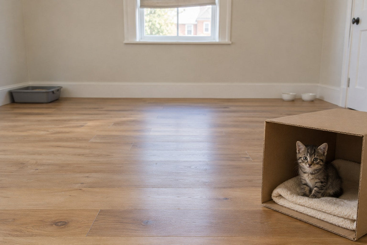 A tabby kitten sitting in a cardboard box lined with a fleece blanket, in a room set up with a litter tray in one corner and two bowls across the room.