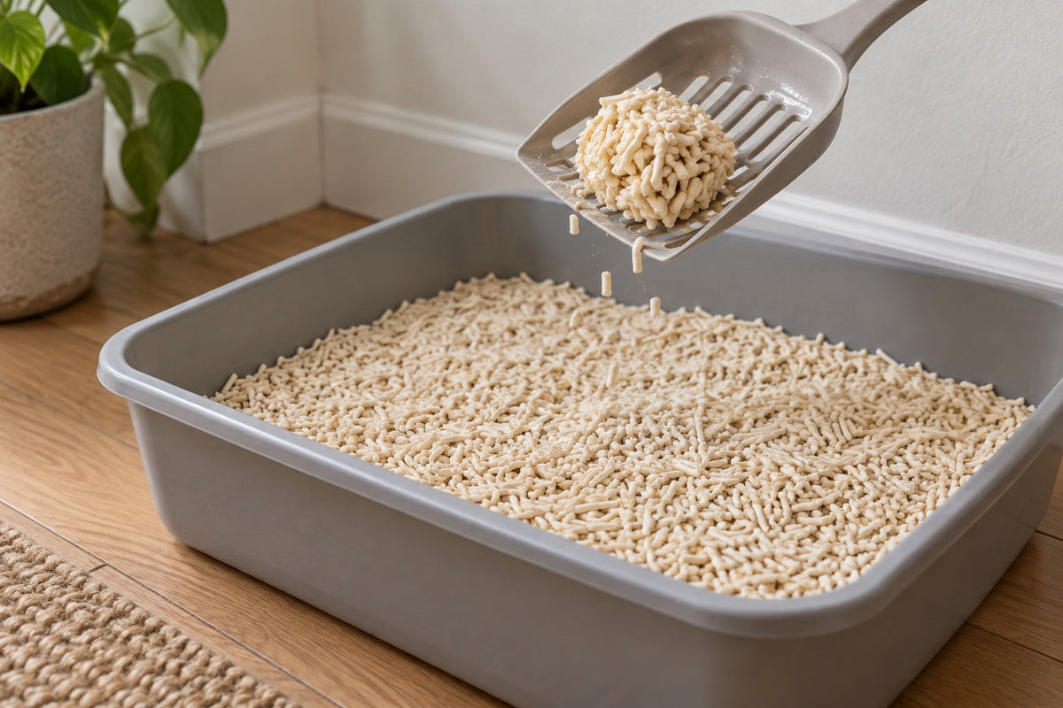 A slotted scoop lifting one firm clump out of a deep-filled tray of tofu cat litter.