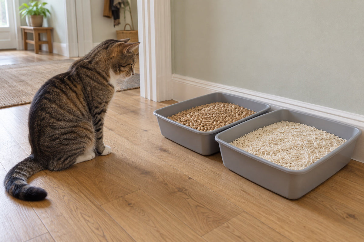 Two open litter trays side by side, one filled with wood pellets and one with tofu litter pellets, with a cat sitting between them.