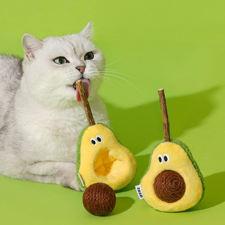 zeze plush avocado cat toy with a rope-wound hemp ball stone and a silvervine stick