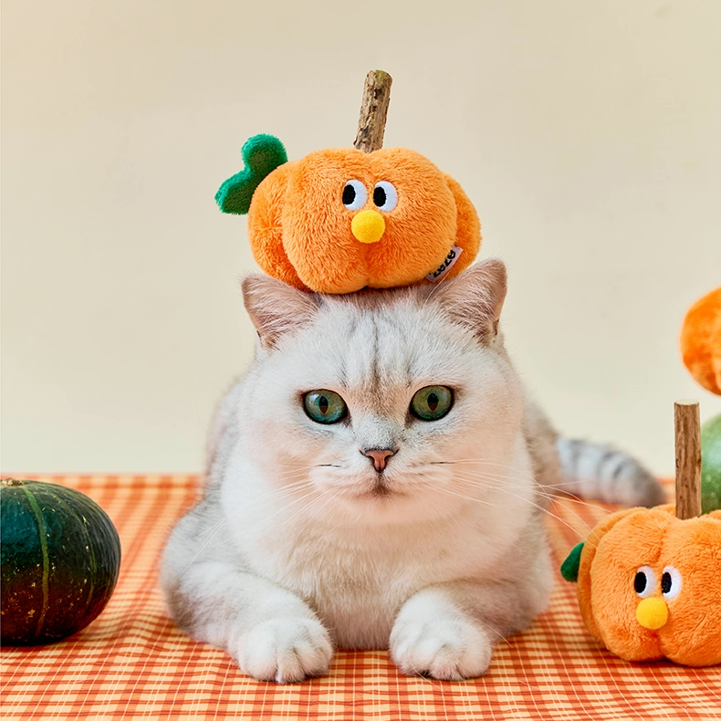 zeze orange plush pumpkin cat toy with a silvervine stick stalk and green leaf