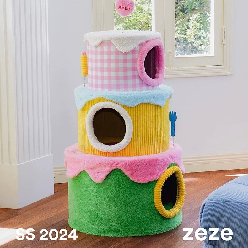 zeze three-layer cake cat tree in green, yellow and pink gingham with round hideaways and spring toys