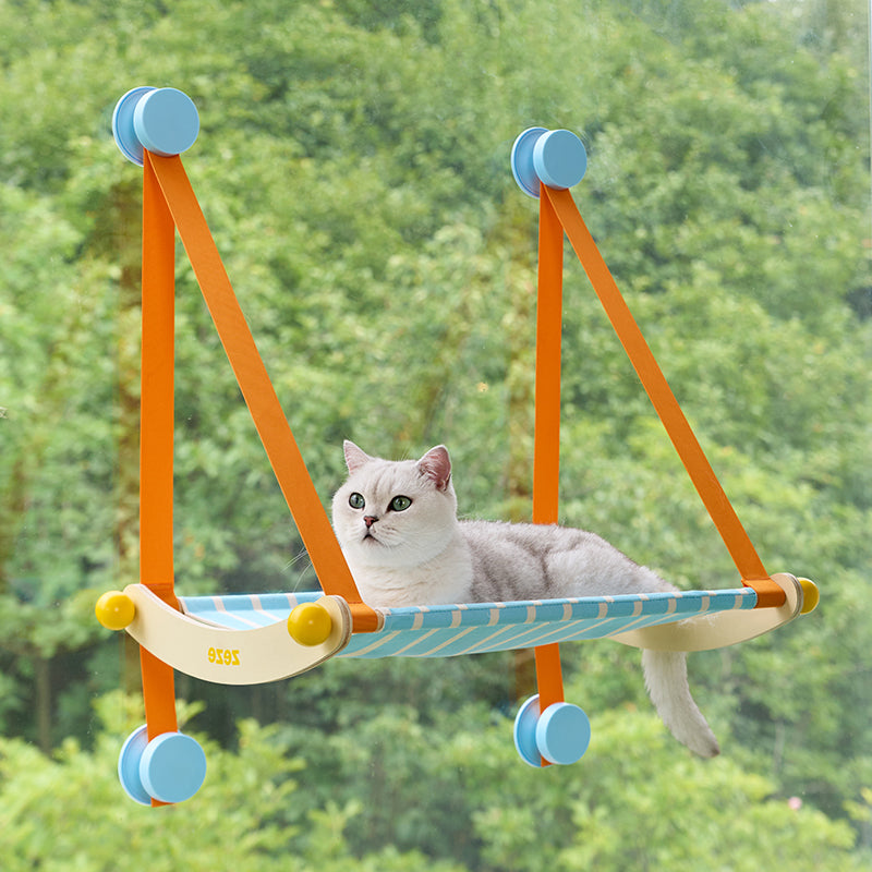 zeze Striped Hanging Cat Hammock: blue striped canvas window perch with orange straps and suction cups