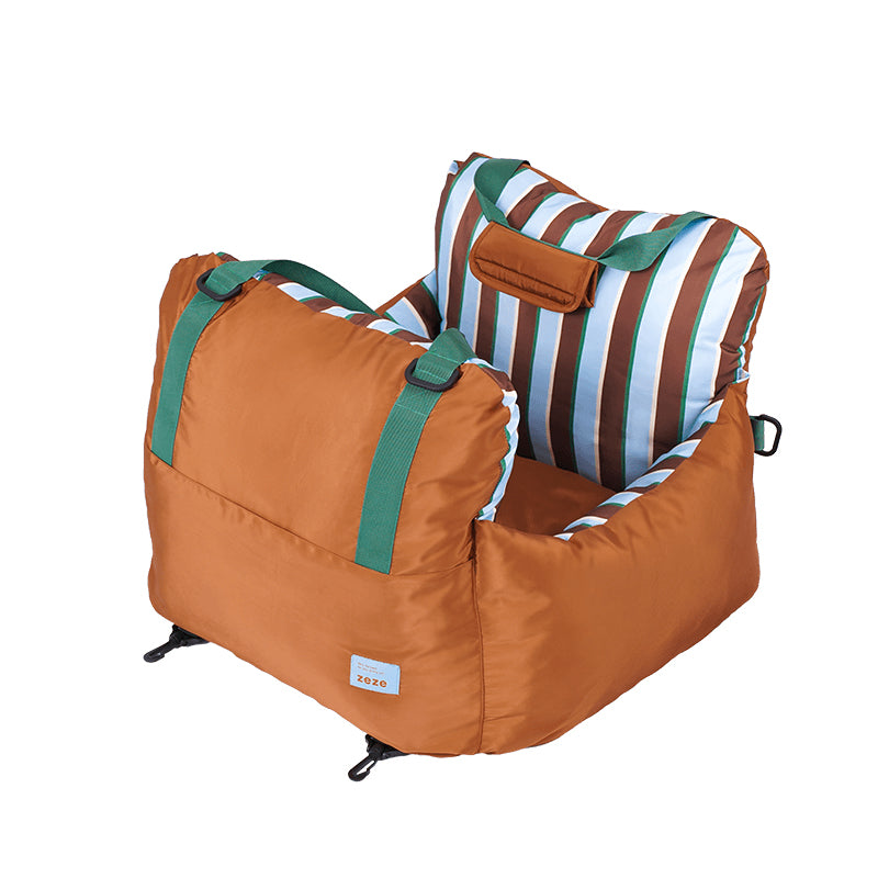 zeze Striped Pet Car Bed: caramel Oxford fabric car seat bed with striped lining and green handles