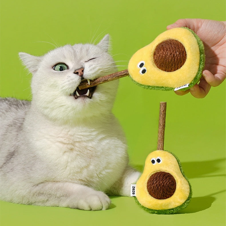 zeze plush avocado cat toy with a rope-wound hemp ball stone and a silvervine stick