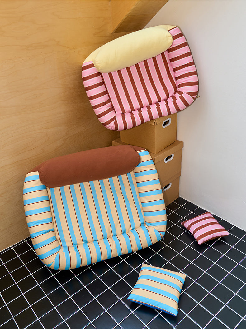 zeze Sandwich Pet Sofa Bed — Striped Cotton Canvas Couch with Backrest & Cushion