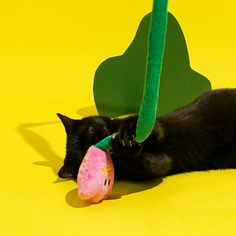 zeze cat teaser wand with a pink plush tulip on a green corduroy stem and pink handle