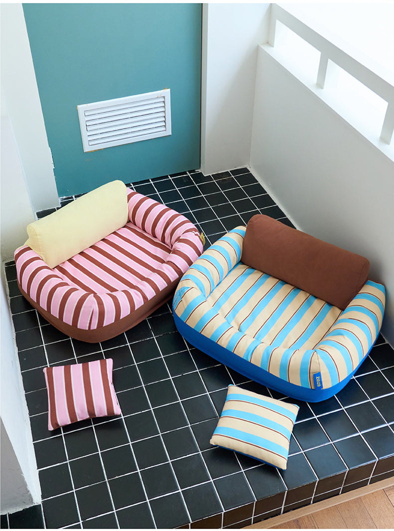 zeze Sandwich Pet Sofa Bed — Striped Cotton Canvas Couch with Backrest & Cushion