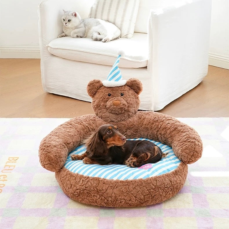 zeze Sleepy Nick Bear Pet Sofa: brown plush bear bed with blue and white striped cushion and nightcap