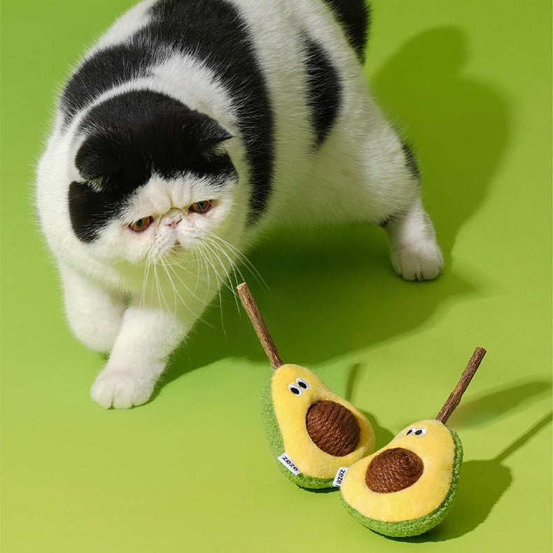 zeze plush avocado cat toy with a rope-wound hemp ball stone and a silvervine stick