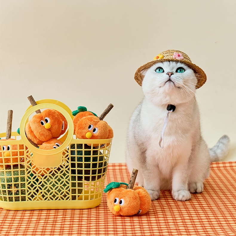 zeze orange plush pumpkin cat toy with a silvervine stick stalk and green leaf