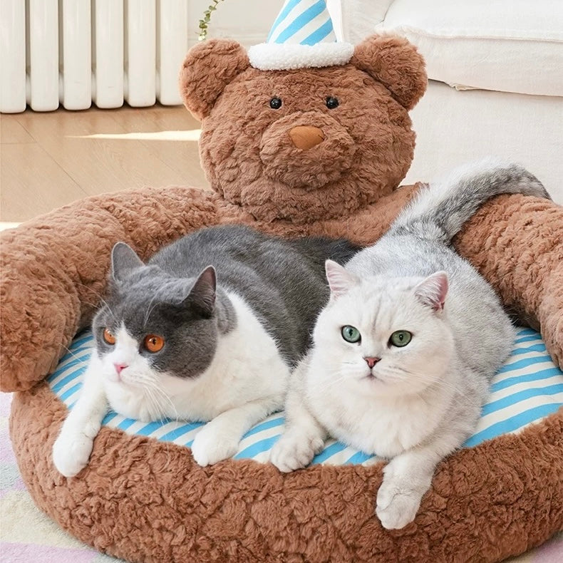 zeze Sleepy Nick Bear Pet Sofa: brown plush bear bed with blue and white striped cushion and nightcap
