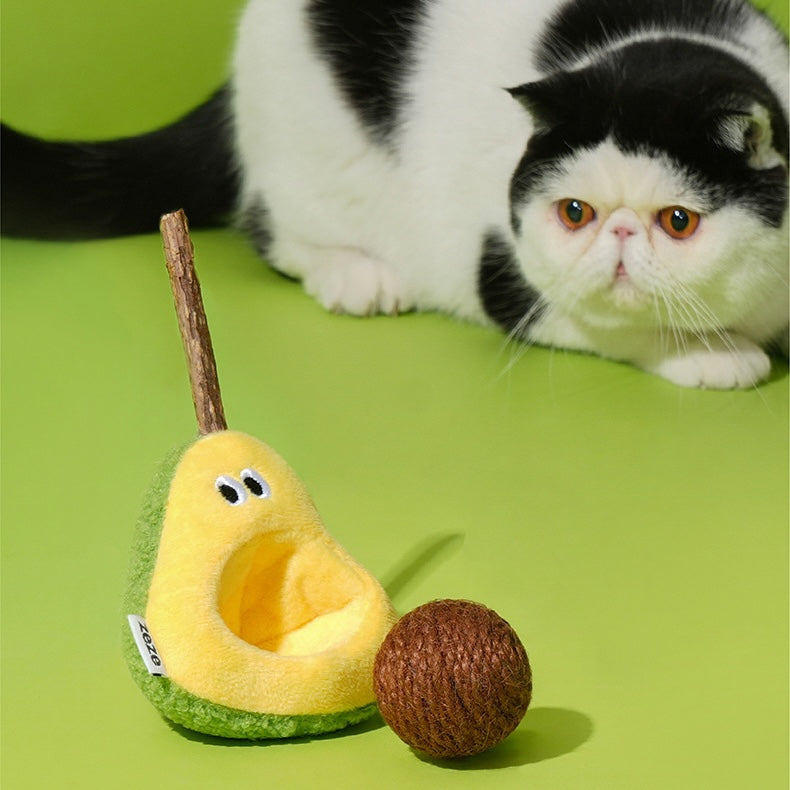 zeze plush avocado cat toy with a rope-wound hemp ball stone and a silvervine stick
