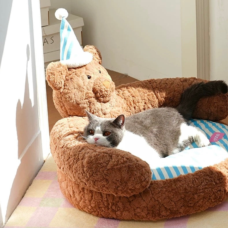 zeze Sleepy Nick Bear Pet Sofa: brown plush bear bed with blue and white striped cushion and nightcap