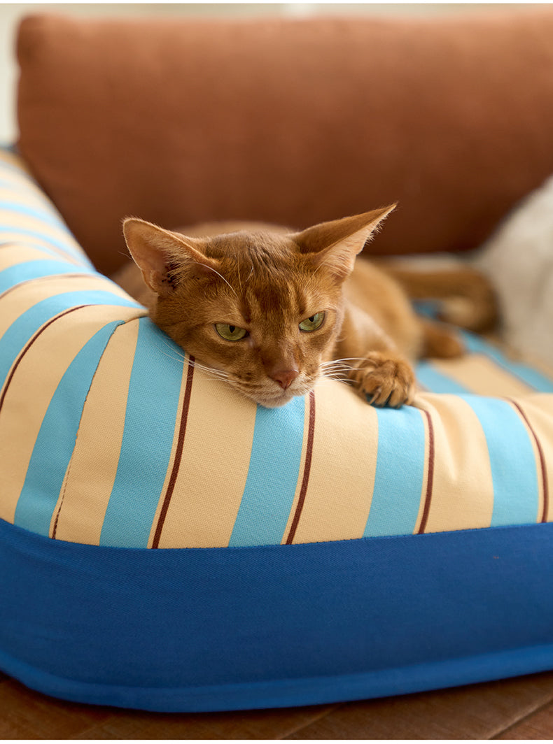 zeze Sandwich Pet Sofa Bed — Striped Cotton Canvas Couch with Backrest & Cushion