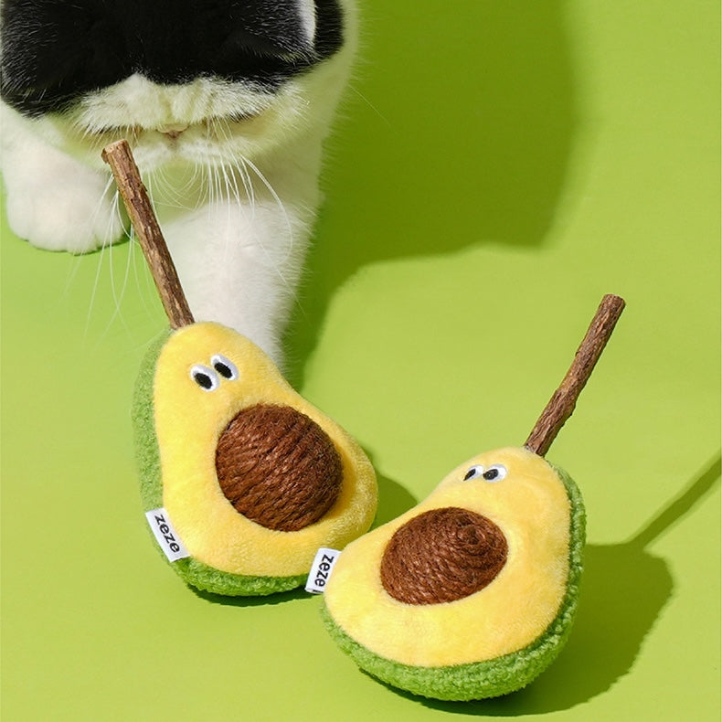 zeze plush avocado cat toy with a rope-wound hemp ball stone and a silvervine stick