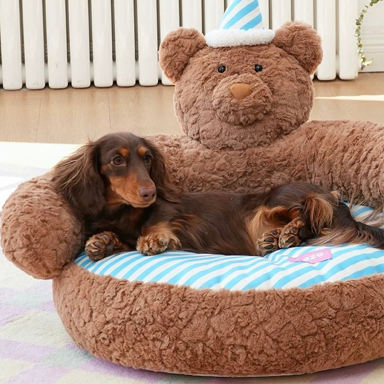 zeze Sleepy Nick Bear Pet Sofa: brown plush bear bed with blue and white striped cushion and nightcap