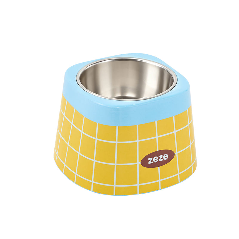 zeze Retro Waffle Plaid Metal Pet Bowl: yellow plaid raised base with blue rim and stainless steel bowl