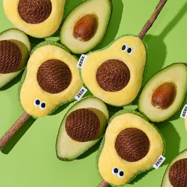 zeze plush avocado cat toy with a rope-wound hemp ball stone and a silvervine stick