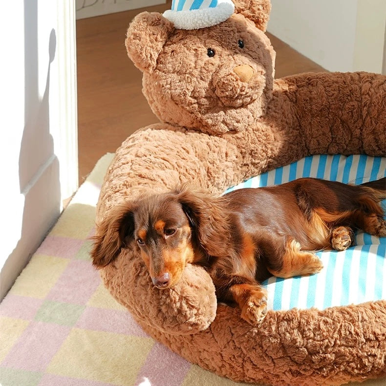zeze Sleepy Nick Bear Pet Sofa: brown plush bear bed with blue and white striped cushion and nightcap