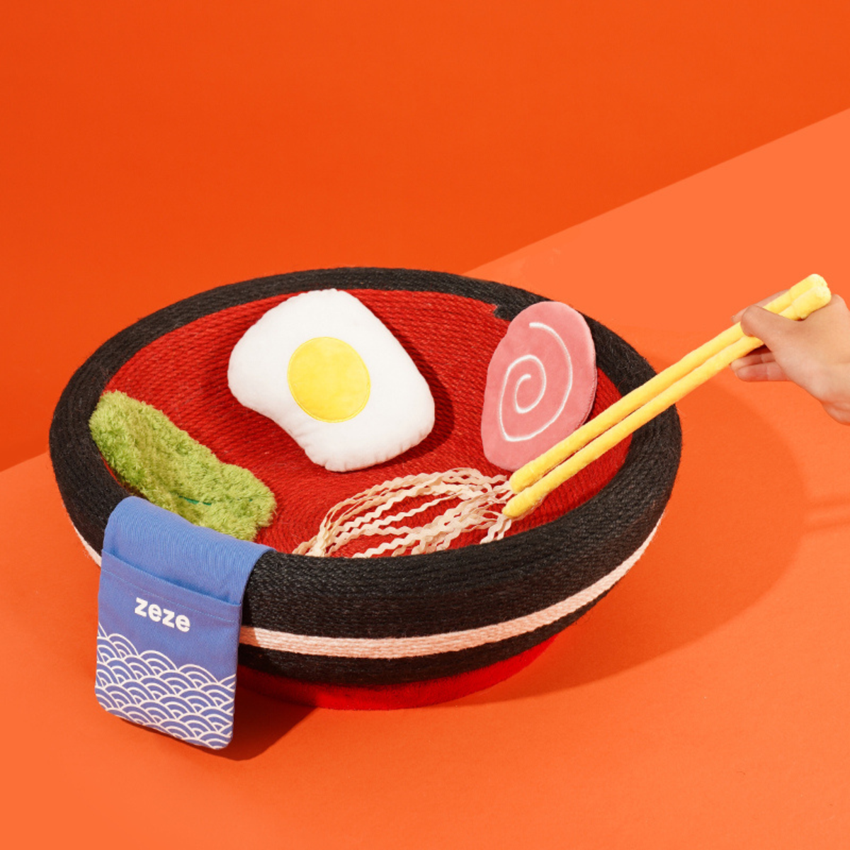 zeze big ramen bowl cat scratcher in black and red rope with plush egg, fishcake and chopsticks