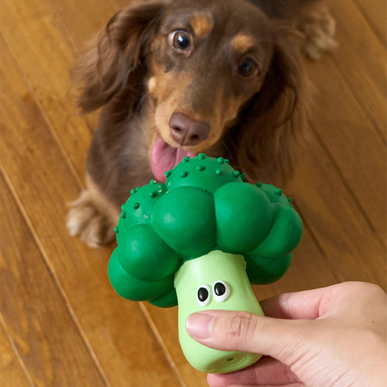 zeze latex squeaky dog toys shaped like broccoli, a half apple, a pear and an orange