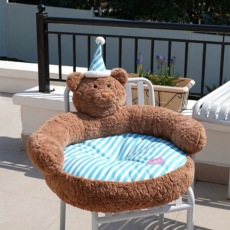 zeze Sleepy Nick Bear Pet Sofa: brown plush bear bed with blue and white striped cushion and nightcap